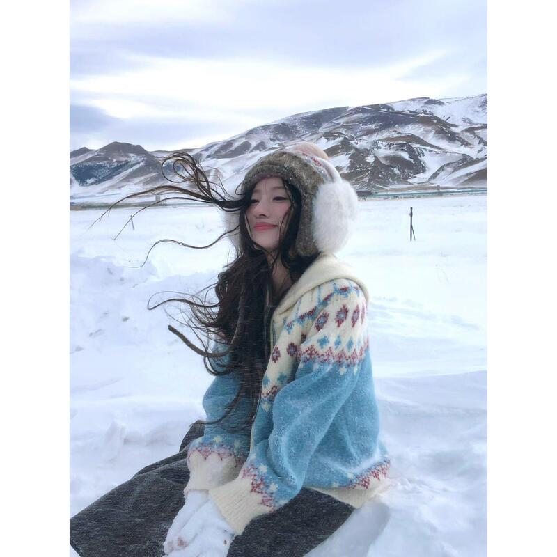 Fair Isle Style Blue Hooded Knitted Cardigan for Women, Winter College Retro Lazy Style Blue Sweater Coat with a High-End Feel