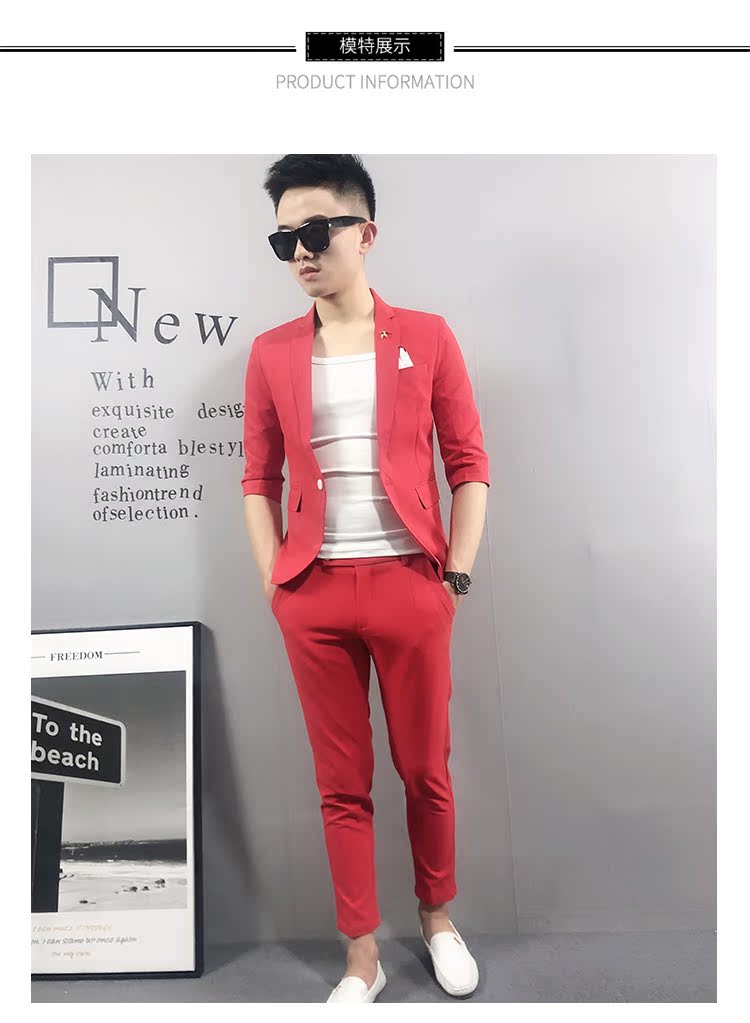Mã nhỏ mạng phù hợp với tay áo nhỏ phù hợp với tinh thần xã hội kẻ bảy điểm tay áo thủy triều Tóc mỏng phù hợp với nam - Suit phù hợp vest nam