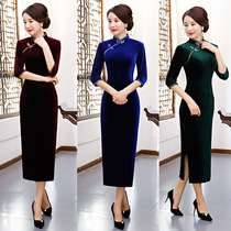 Gold velvet qipao long sleeves big code autumn and winter acting out of dress and dress retro-style elegance
