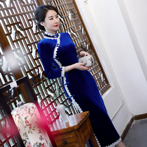 Retro qipao silk suede long style improved version chinese style elegant temperament winter style dress pure color walking show long sleeves