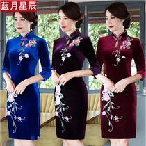 Golden velvet qipao with long sleeves short retro-happy mother-in-law wedding gown Dom dress mother temperament with dress elegance