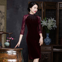 Gold velvet 2022 spring autumn new lace with long handmade nail beads high-end female round collar improved fashion qipao skirt