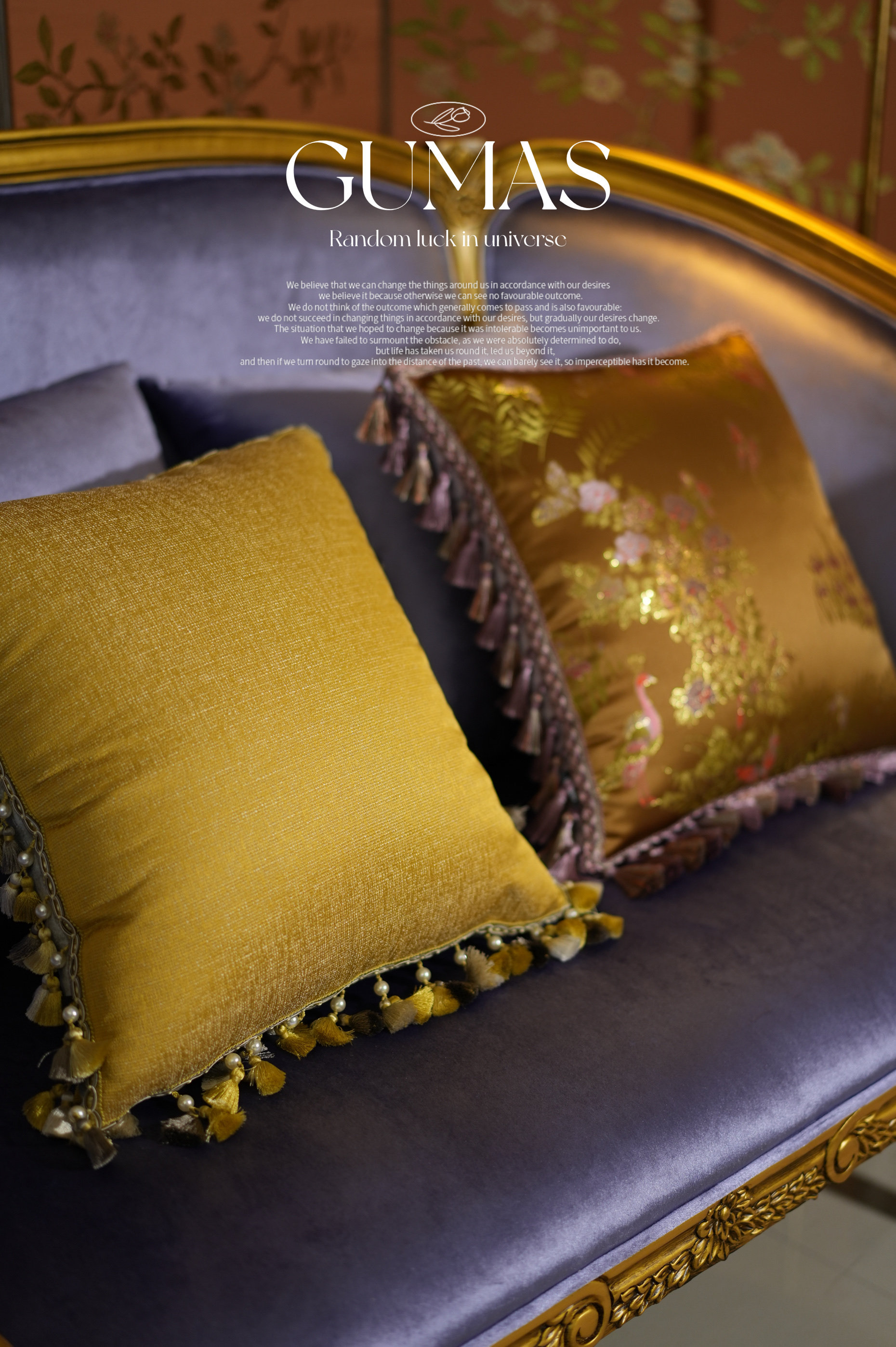 Pair of vintage style throw pillows in lavender floral and solid yellow with coordinating tassel trim