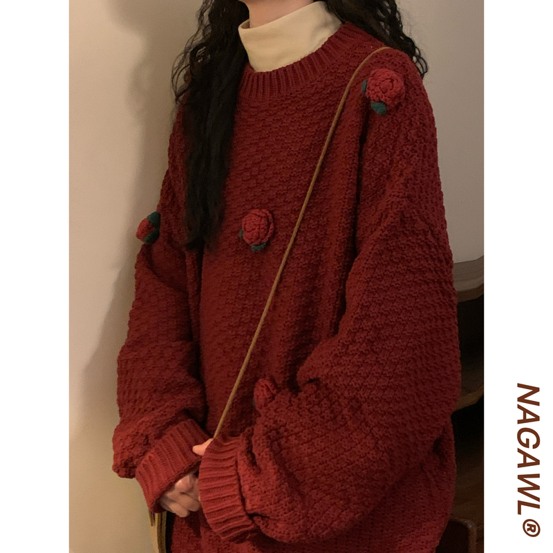 Naga Homemade American Retro Lazy Style Red Three-Dimensional Crochet Knit Sweater Casual New Year Sweater Winter Women's Thickened Version