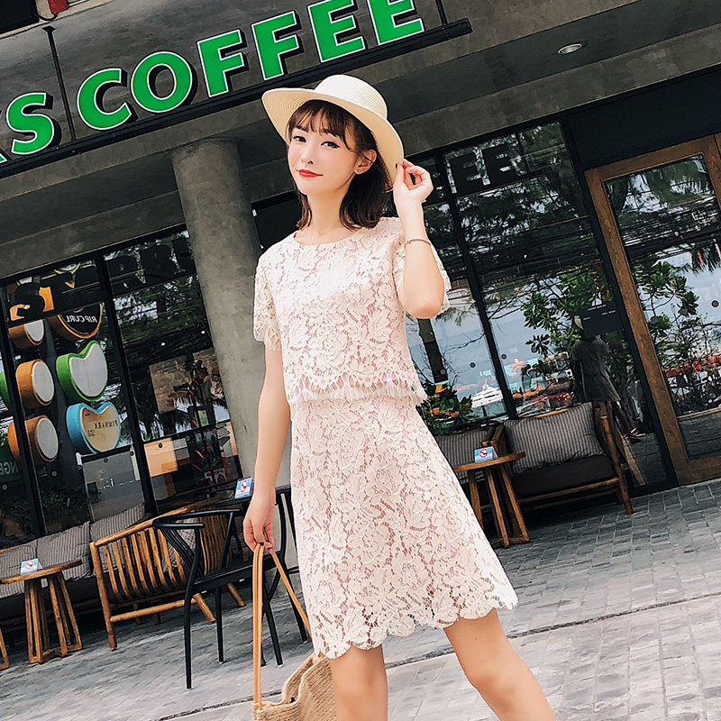 2018夏装新款韩国东大门圆领短袖蕾丝连衣裙 T恤半身裙两件套装女