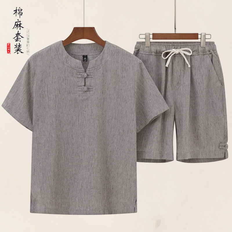 Summer Middle-Aged Men's Linen Short-Sleeved Loose-Fitting Dad's Summer Outfit, Middle-Aged and Elderly Grandfather's Cotton and Linen Shorts Two-Piece Set