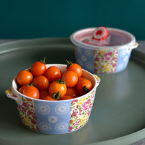 French fresh Bowl pastoral ceramic double ear bowl oven bowl anti-hot hand flat bowl retro Baked Rice Bowl fresh box