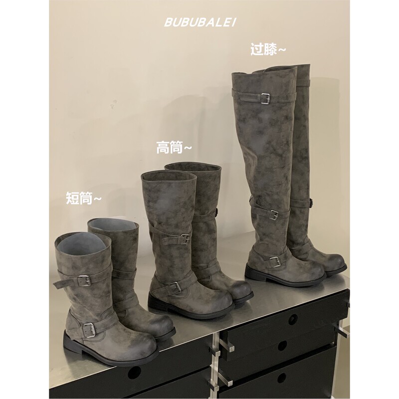Korean Negative Boots, Vintage Distressed Slouch Boots for Women, Belt Buckle Mid-Calf Over-The-Knee Gray Xinjiang Long Boots