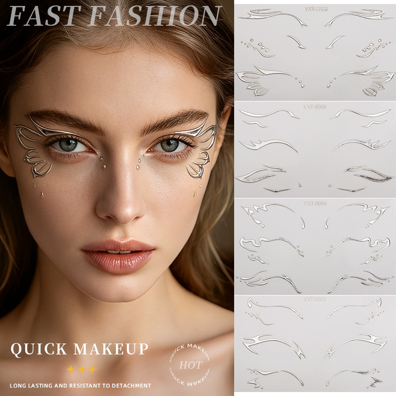 Cross-Border Metallic Silver Eye Makeup Face Stickers Waterproof Y2K Temporary Tattoo Stickers Electronic Music Festival Stage Makeup Eyeliner Stickers Cross-Border Metallic Silver Eye Makeup Face Stickers Waterproof Y2K Temporary Tattoo Stickers Electronic Music Festival Stage Makeup Eyeliner Stickers