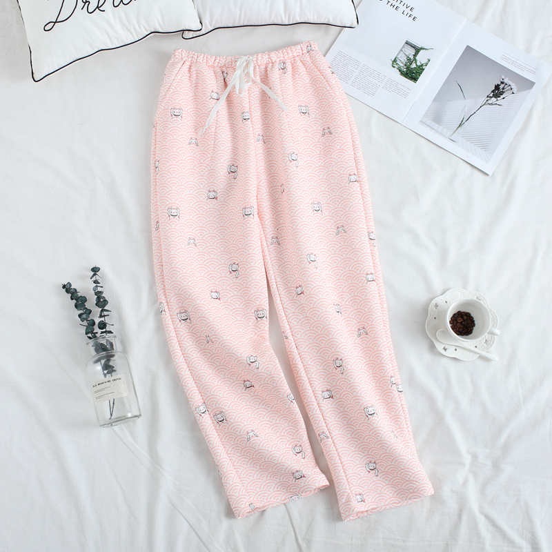 Quần pyjama Nhật Bản mùa thu và quần dài của phụ nữ quần ba lớp được đan bằng vải cotton Nhật Bản Quần nhà Nhật cotton dày rộng kích thước lớn quần áo thể thao