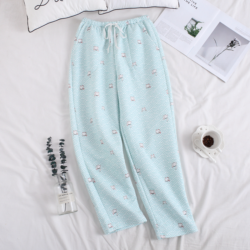 Quần pyjama Nhật Bản mùa thu và quần dài của phụ nữ quần ba lớp được đan bằng vải cotton Nhật Bản Quần nhà Nhật cotton dày rộng kích thước lớn quần áo thể thao