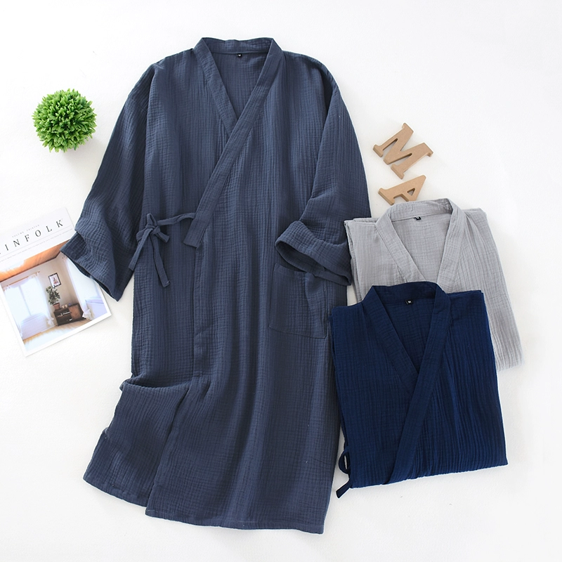 Đồ ngủ của nam giới Nhật Bản áo choàng tắm kimono mùa xuân và mùa thu đã giặt sạch bông gạc tinh khiết quần áo ở nhà Áo choàng ngủ thấm mồ hôi Nhật Bản - Night Robe