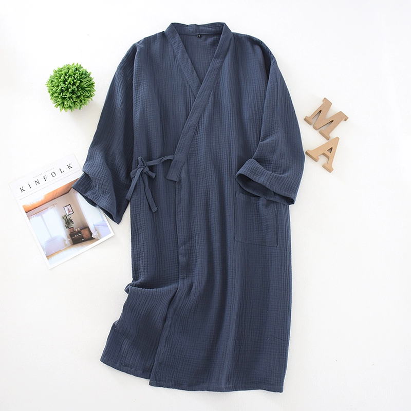 Đồ ngủ của nam giới Nhật Bản áo choàng tắm kimono mùa xuân và mùa thu đã giặt sạch bông gạc tinh khiết quần áo ở nhà Áo choàng ngủ thấm mồ hôi Nhật Bản - Night Robe