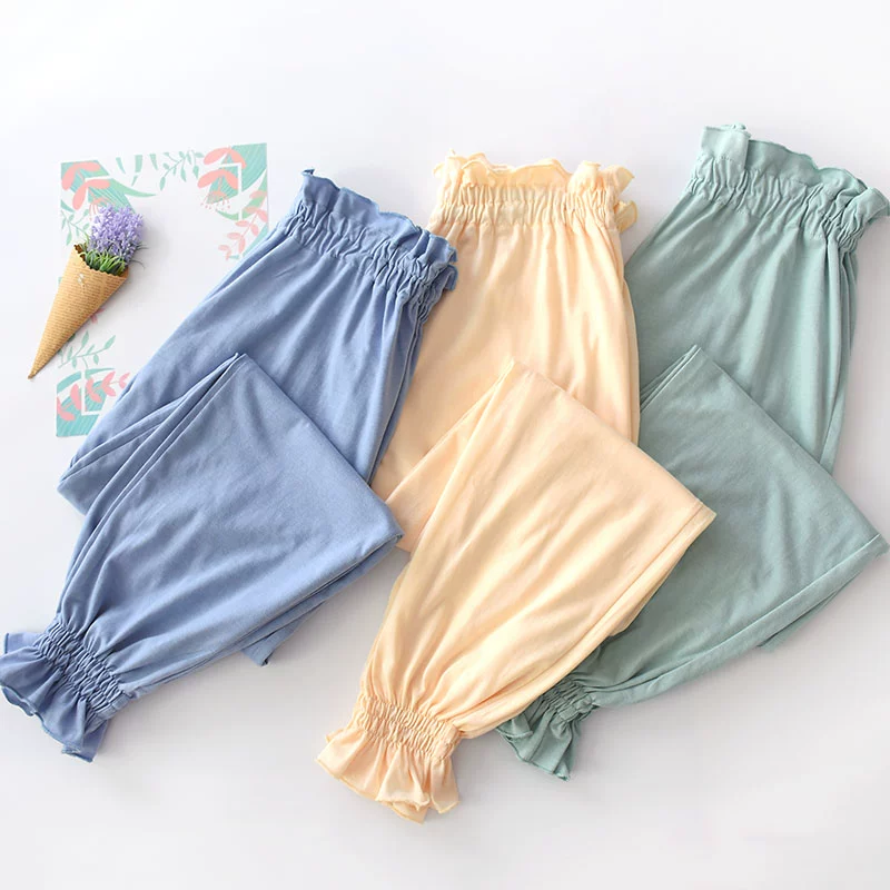 Nữ pyjama quần cotton dệt kim mùa xuân và mùa thu mùa hè quần cotton mặc nhà cộng với size tháng quần phim hoạt hình lỏng lẻo - Quần tây