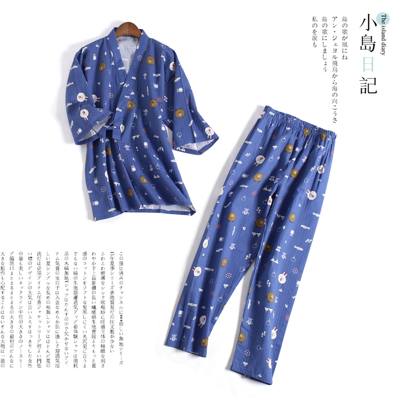 Của phụ nữ cotton đồ ngủ mùa hè mùa xuân và mùa thu mỏng gạc đôi ngắn tay Nhật Bản kimono dịch vụ nhà mồ hôi hấp quần áo áo choàng tắm