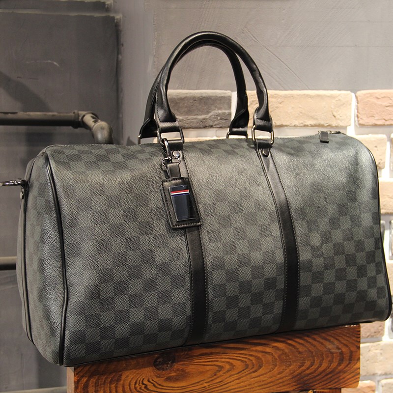 Trendy New Plaid Travel Bag, Men's Large-Capacity Short-Distance Business Trip Luggage Bag, Leather Shoulder Crossbody Bag