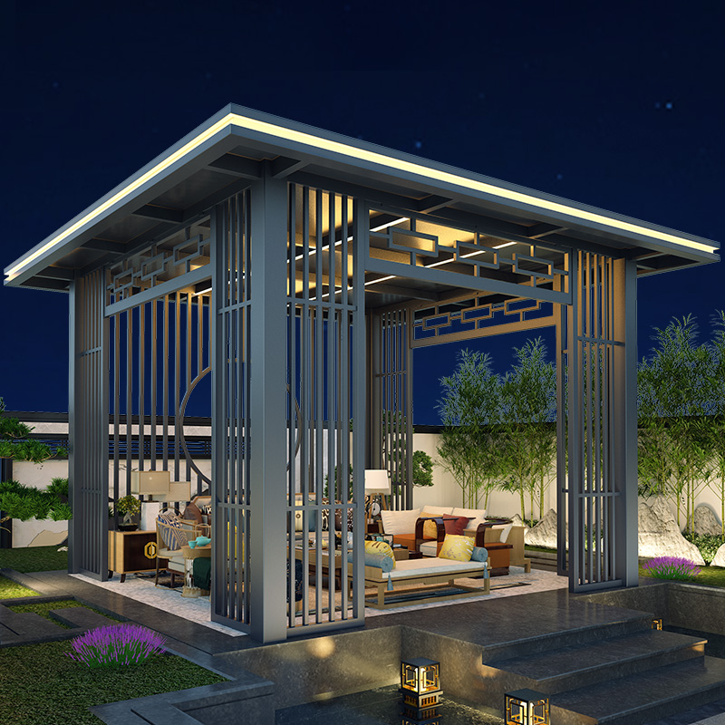 Custom Outdoor Cool Pavilion Courtyard Garden Villa Aluminum Alloy New Chinese Style Casual Open Air Shading Terrace Garden Design