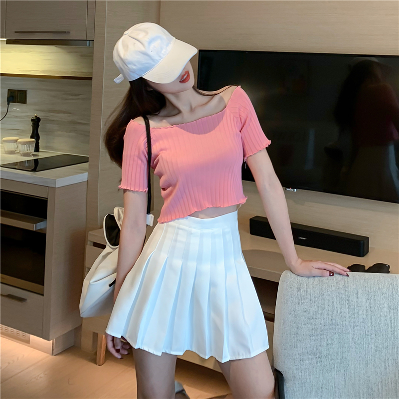 Slim sinh ngắn tay t-shirt mùa xuân ròng phụ nữ hàng đầu của màu đỏ cổ áo in màu một từ rắn hợp thời trang giản dị retro mới ngắn