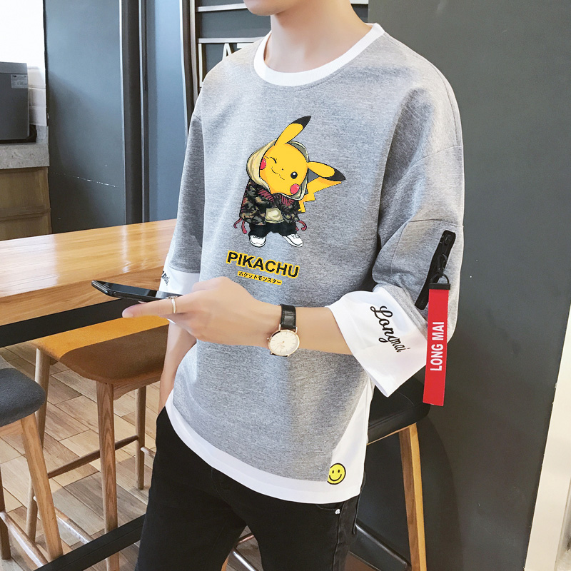 Sinh viên lỏng tay áo t mới tay giữa tay áo T-shirt hai 77 tuổi áo của nam giới giả xu hướng quần áo mùa xuân vài trang bị cho phiên bản Hàn Quốc