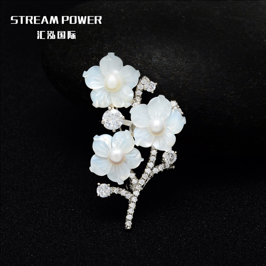 Trâm cài hoa bằng tay ngọc trai tự nhiên làm bằng tay nữ mô hình xà cừ ngọc trai ba bông trang sức - Trâm cài