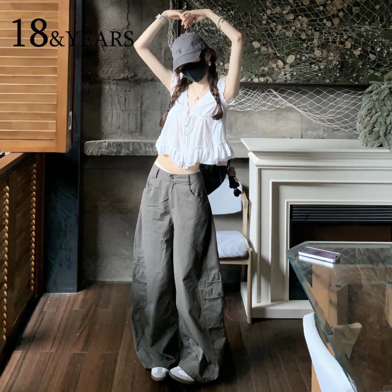 Green American-Style Workwear Wide-Leg Pants for Women, Summer 2026 New High-Waisted Loose Fit for Petite Figures, Thin Casual Scimitar Pants