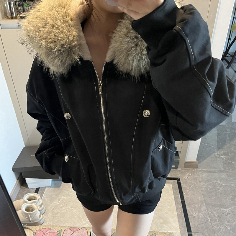 American Retro Style Cotton-Padded Jacket for Women, 2026 New Winter Model, Faux Rabbit Fur Collar Parka Workwear Coat, Fleece-Lined and Thickened