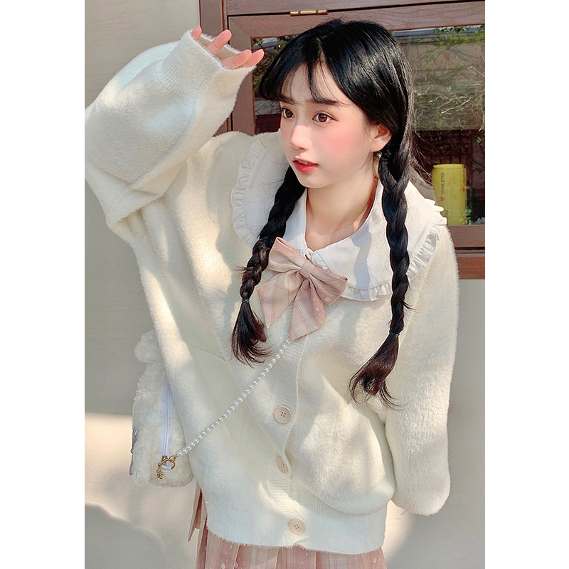 Pinkdog Fluffy Knitted Cardigan Sweater for Women Petite Autumn and Winter Warm Long-Sleeved Top Spring
