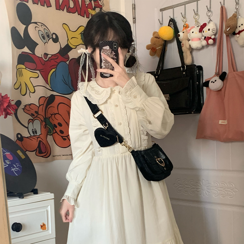 Pinkdog Annie Dress Jacquard Tie Bow Dress Women's Autumn and Winter Loose Cute Girl Dress