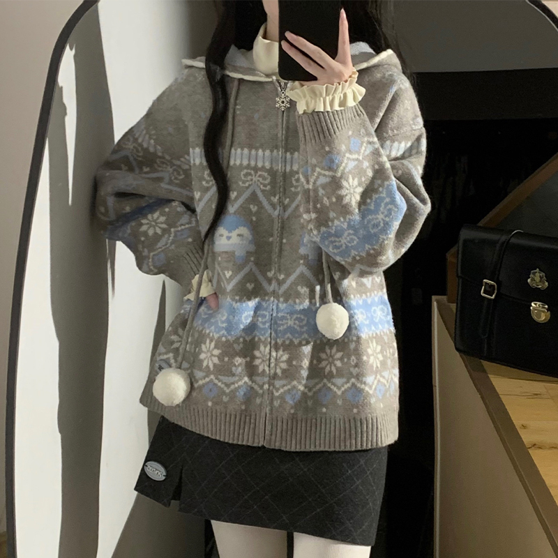 Pinkdog Daydream Retro Fair Isle Knitted Hooded Cardigan Cute Penguin Top Jacket Pinkdog Daydream Retro Fair Isle Knitted Hooded Cardigan Cute Penguin Top Jacket