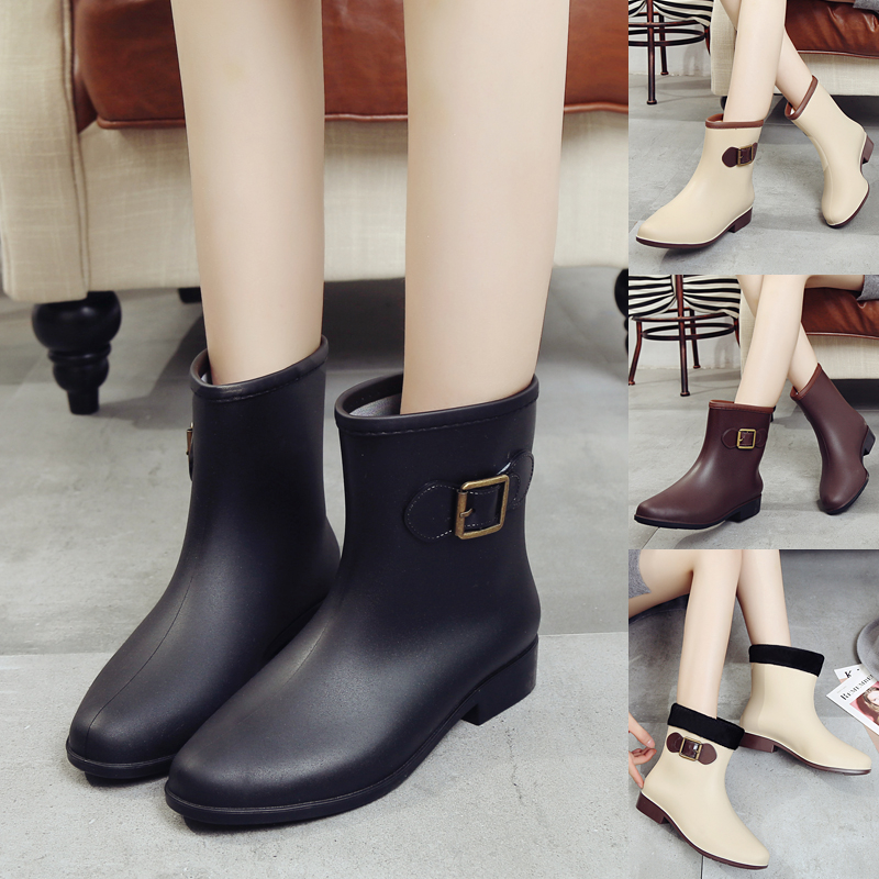 Fashion middle tube rain shoes women's rain boots short tube water shoes autumn and winter plus velvet adult warm non-slip rubber shoes water boots overshoes women