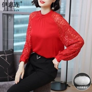 Áo lụa nữ tay dài 2019 xuân hè mới cho nữ màu đỏ ren thời trang áo lụa tơ tằm Hàng Châu - Áo sơ mi