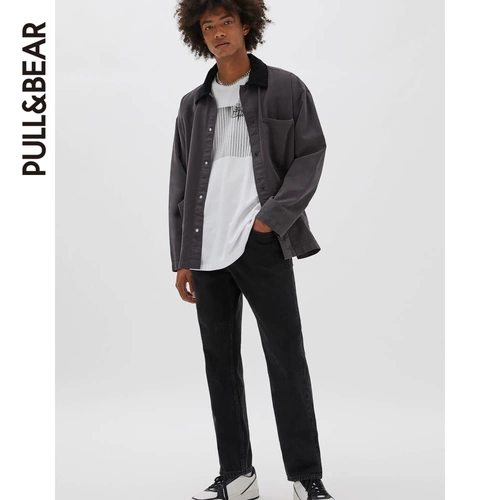 Pull & amp; Bear Men's 2021 Новый белый STWD PHOTING PREANT Casual -Short -Sleeved T -Fork 08240571250