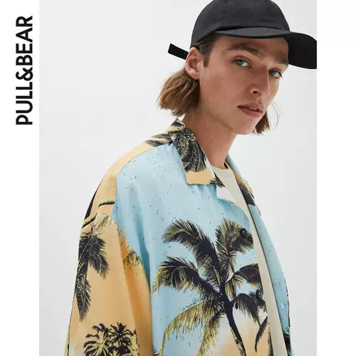 Pull & Bear Palm Tree Printing Синяя рубашка мужская ранняя осень новая рубашка.