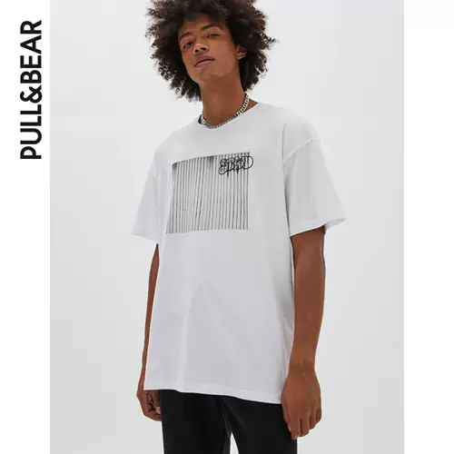 Pull & amp; Bear Men's 2021 Новый белый STWD PHOTING PREANT Casual -Short -Sleeved T -Fork 08240571250