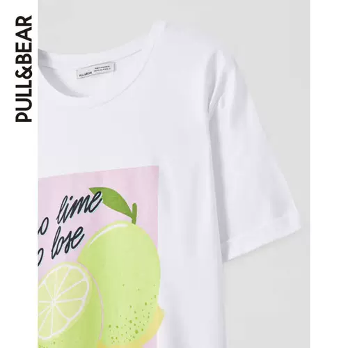 Pull & amp; медведь японская милая мультипликационная короткая лимонная иллюстрация белая мягкая милая T -Fork Women's Top 05238310
