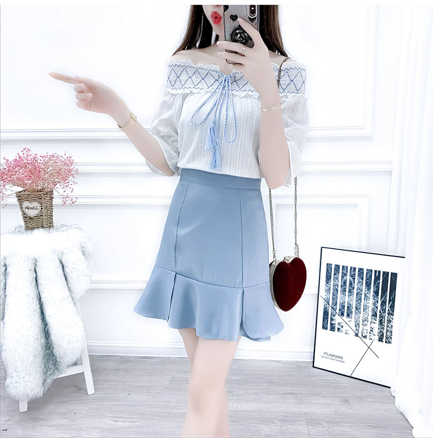 VK旗艦店 韓國風一字領雪紡衫魚尾套裝短袖裙裝