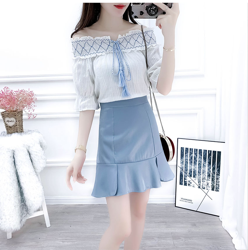 VK旗艦店 韓國風一字領雪紡衫魚尾套裝短袖裙裝