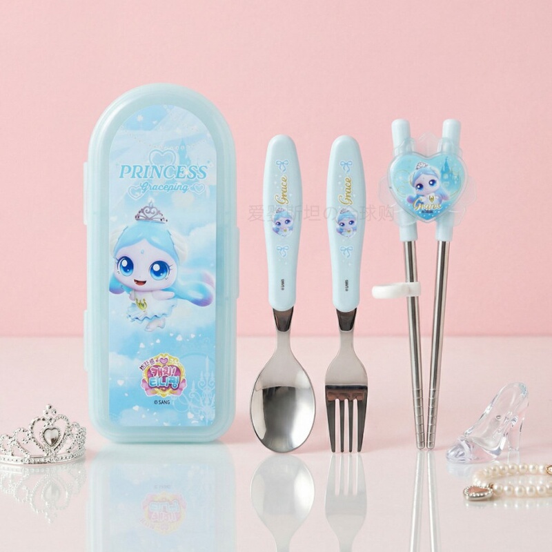 Korean Cute Children's Chopsticks and Spoon Training Chopsticks Learning Chopsticks Baby Tableware Set Stainless Steel Supplementary Food Bowl Spoon Fork