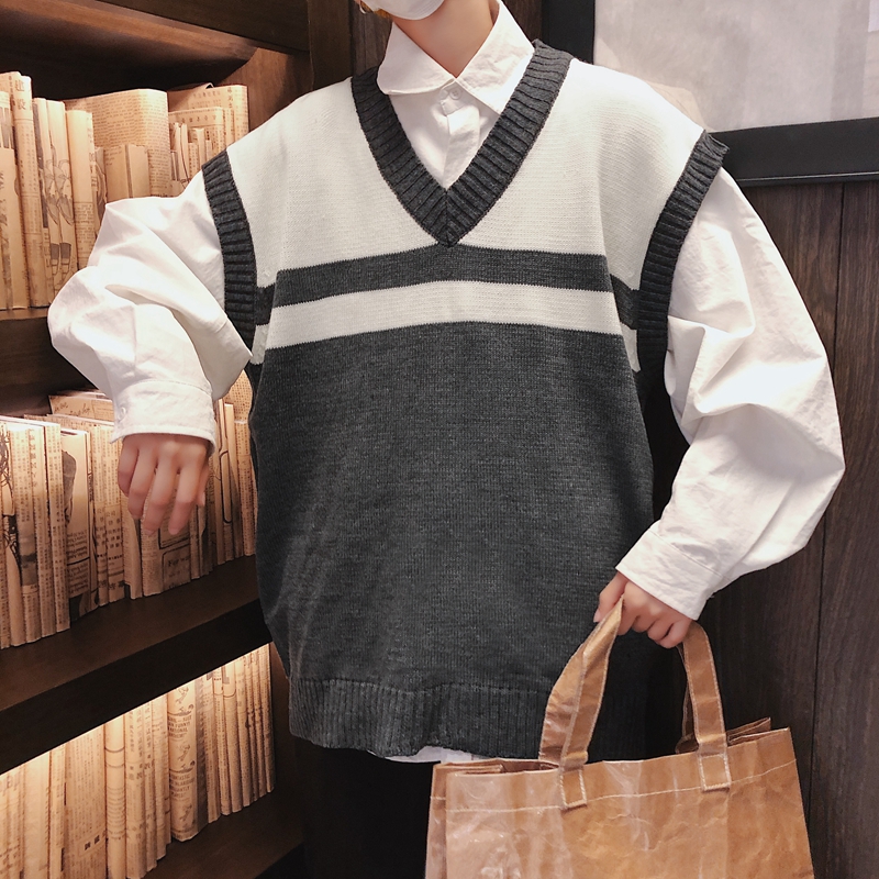 Hàn Quốc phong cách hàn quốc mùa thu đông retro áo len cổ chữ V nam và nữ nhấn màu tay áo vest lỏng đan áo khoác len mỏng