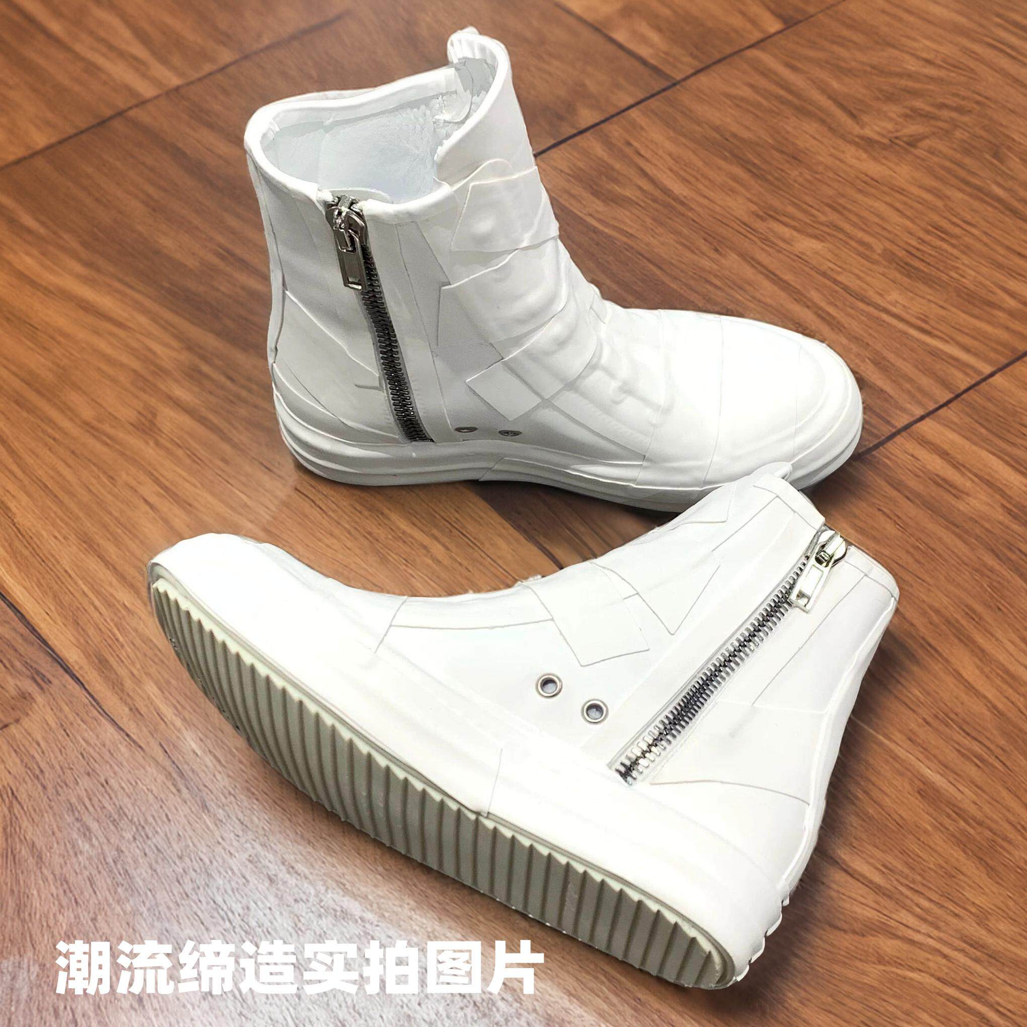 Белые мужские и женские спортивные кроссовки Rick Owens с высоким берцем mummy sports с наклейками на боковых молниях белого цвета Изображение 1