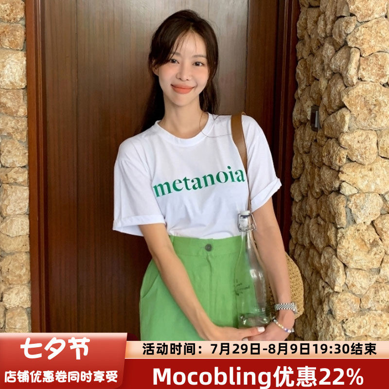 moocobling Korea 22 Summer June Female fresher minimalist letter printed round collar short sleeve T-shirt