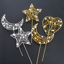 Iron three-dimensional love star Moon five-pointed star baking decoration led warm yellow lamp string pearl glowing birthday