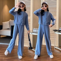 Girl Spring Clothing Suit 2022 New Korean Version Womens Great Boy Sports Clothes Spring Autumn Clothing Children Trendy Broadlegged Pants Tide