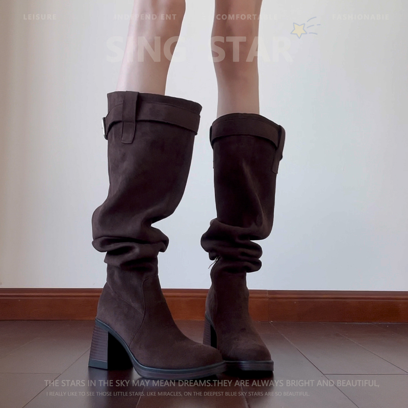 Sheepskin Version ~ Autumn and Winter Pleated Slimming Stacked Boots High-Heeled Boots 2026Lisa Same Style Hot Girl Western Cowboy Boots for Women