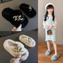 Child Fur Slippers Girls Candy Color Autumn winter Indoor warmth anti-furry wool Furry Cross Cotton Slippers