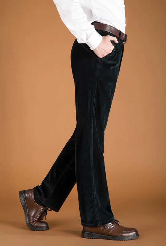 Quần cashmere nam dài quần trung niên giản dị Quần nam thẳng mùa xuân và mùa thu kinh doanh quần nhung kẻ thường quần sooc