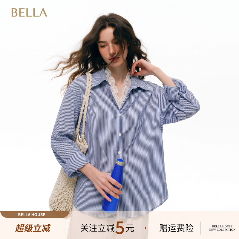 Korean Style Striped Lace Lapel Shirt for Women 2026 Autumn Layered Casual Loose Long-Sleeve Shirt Jacket Trendy Top Korean Style Striped Lace Lapel Shirt for Women 2026 Autumn Layered Casual Loose Long-Sleeve Shirt Jacket Trendy Top