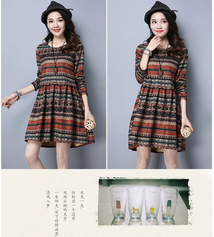 Kích thước lớn của phụ nữ 2017 mùa thu và mùa đông quốc gia mới in ấn phong cách loose mỏng trung dài đáy Một từ dài tay ăn mặc quần áo thời trang nữ