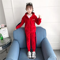 Girl gold velvet 2021 new autumn and winter clothing children Korean version plus suede thickened suit sports girl two sets of damp