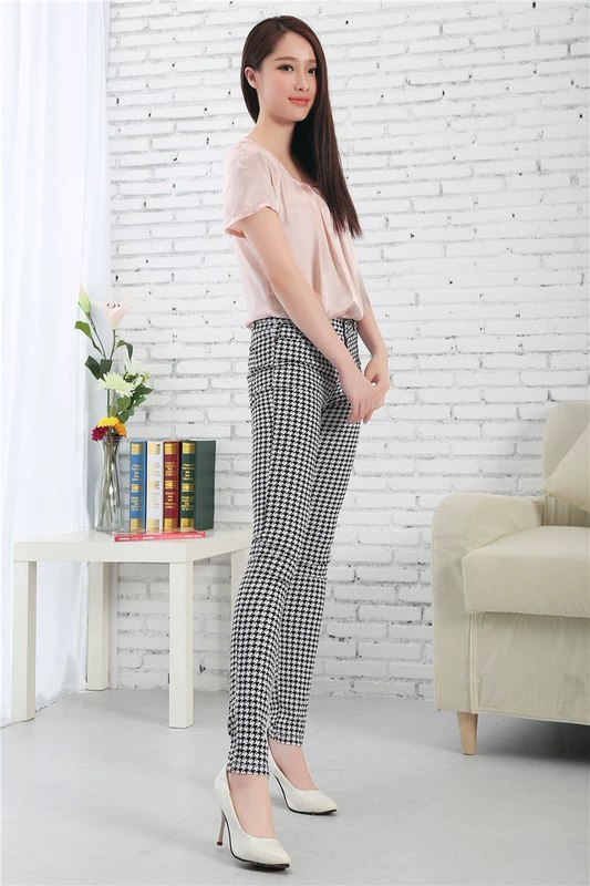 Mùa xuân và mùa thu Quần kẻ sọc Quần nữ Slim Houndstooth Slim Đàn hồi cao Quần thường Quần chân Bút chì Quần siêu quần